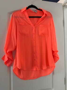 Express Neon Coral Button Down Blouse